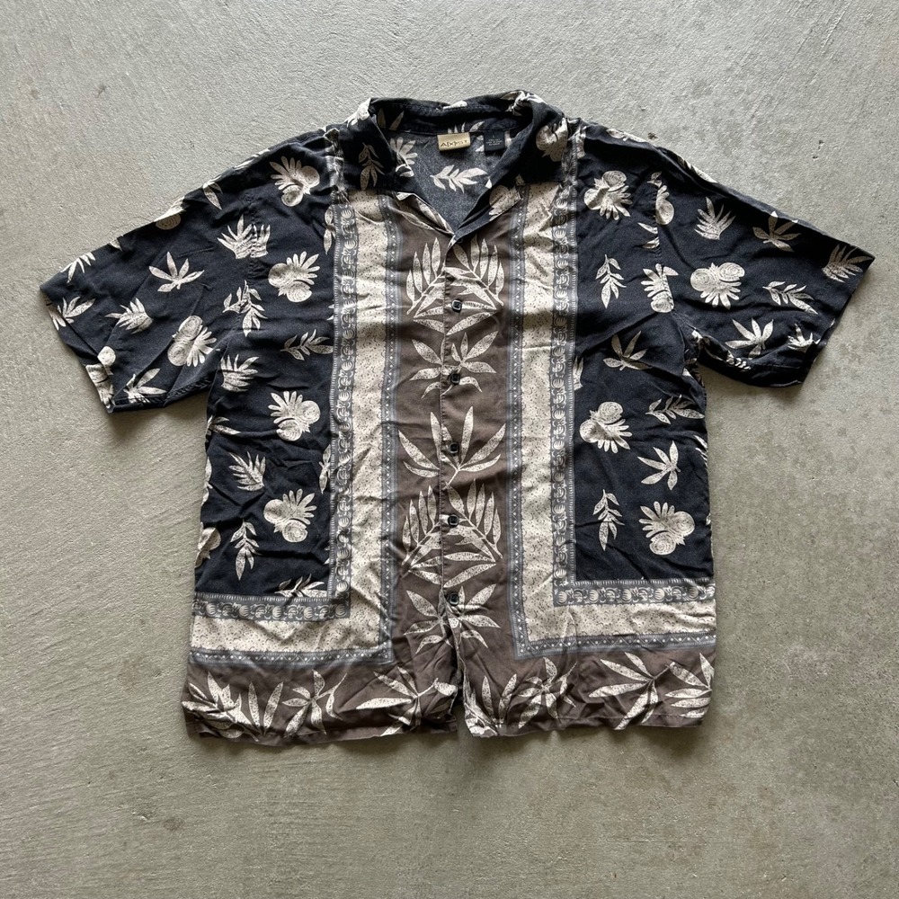 Vintage Axist Floral Button Up Shirt‎ Size Large Black Brown Silk Camp Collar